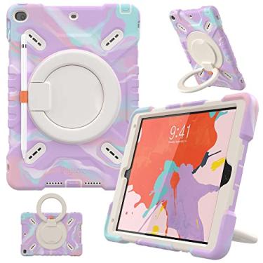 Imagem de PEPKOO Capa tripla à prova de choque para iPad 9ª/8ª/7ª geração 10,2 polegadas 2021/2020/2019, Air 3ª geração 10,5 polegadas, capa infantil robusta com suporte para lápis/alça de ombro, roxo colorido