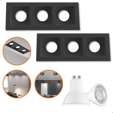 Imagem de Kit 10 Spot Triplo Embutir Recuado Quadrado Preto + Lâmpada Gu10 - VLE