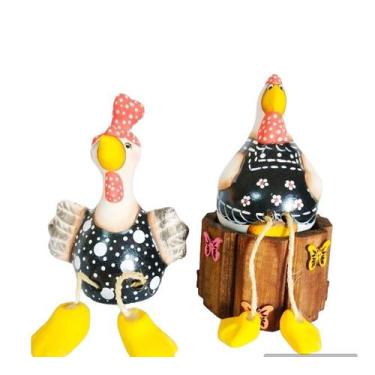 Imagem de Decoração Casal de Galinha Crista Pés Balançando Cerâmica - RD Store