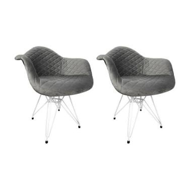Imagem de Kit 2 Poltronas Jantar Eames Eiffel Estofadas Cinza Base Ferro Branco 