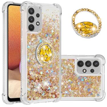 Imagem de Monwutong Capa Slim Fit para Samsung Galaxy A32 4G, silicone macio TPU glitter líquido efeito areia movediça anel Kickstand capa, capa de proteção de tela e câmera para A32 4G, WTZH Golden