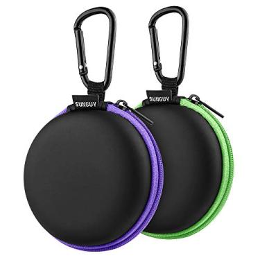 Imagem de SUNGUY – Estojo para fone de ouvido SUNGUY [pacote com 2] bolsa pequena redonda para fone de ouvido, bolsa de transporte com mosquetões para fones de ouvido, fones de ouvido, aparelhos auditivos, cabo USB e mais (verde + roxo)