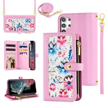 Imagem de Furiet Capa carteira floral para Samsung Galaxy S24 Ultra 5G com alça de pulso alça de ombro flip bolsa com zíper, suporte de cartão de couro PU de luxo para S24Ultra 24S S 24 24Ultra feminino rosa