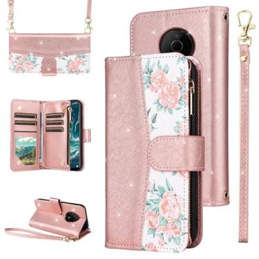 Imagem de Furiet Capa carteira floral para Nokia C200 flip com zíper alça de ombro, suporte de cartão de couro PU com glitter de luxo acessórios para celular N151DL C 200 200C 4G feminino ouro rosa