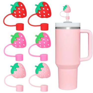 Imagem de Whaline 6 peças capas de palha de morango 3 cores de silicone reutilizável tampas de palha vermelho rosa 10 mm/0,4 pol. tampas protetores para copos Stanley copos copos canudos acessórios