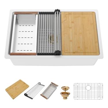 Imagem de Beslend Pia de cozinha de granito 30 – Pia de cozinha de granito 76 x 48 cm de profundidade 25,4 cm de profundidade, lavatório de quartzo branco com borda clássica sob o balcão