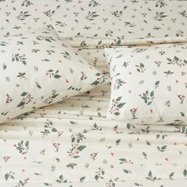 Imagem de DAUAOTO Jogo de cama 100% algodão com estampa natalina para cama de casal até 35,5 cm de profundidade, conjuntos de roupa de cama padrão de frutas de azevinho