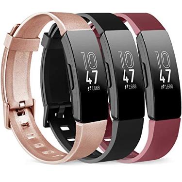 Imagem de Pacote com 3 pulseiras de silicone para Fitbit Inspire HR & Fitbit Inspire & Ace 2 Pulseiras de substituição para mulheres homens pequenos grandes (pequeno: para pulsos de 14 a 20 cm, ouro rosa + preto + vermelho vinho)