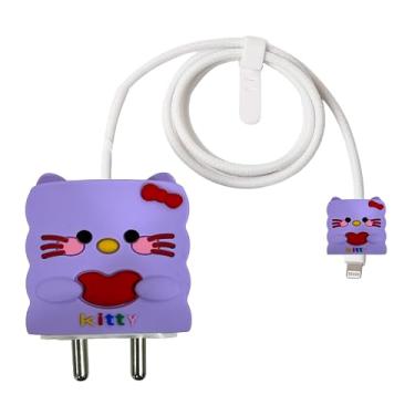 Imagem de AUGEN Capa protetora com design 3D de desenho animado para carregador adaptador de energia USB-C de 20 W, capa de cabo de dados Lightning de desenho fofo para carregador de iPhone (roxo gatinho,