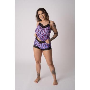 Imagem de Conjunto Short Doll Harmonia e Preto com Onça Microfibra com Renda Del