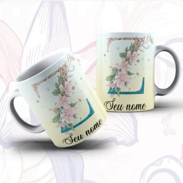 Imagem de Caneca Porcelana Alfabeto Floral Glitter Personalizada Com Inicial E N