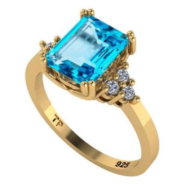 Imagem de Anel Vintage Clássico Prata 925 Dourada 18k Topázio Azul - Tudo Prata,