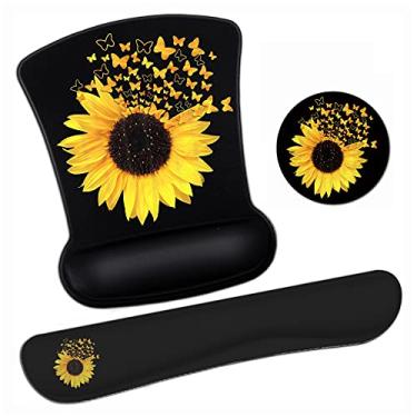 Imagem de Mouse pad ergonômico suporte de pulso gel e teclado conjunto de descanso de pulso com girassóis e borboletas florescendo para laptop, Mac, jogos e escritório, durável, confortável e alívio da dor + porta-copos