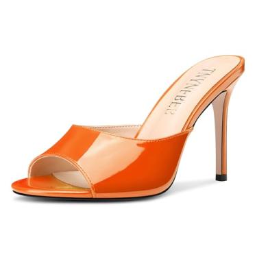Imagem de TNYNFBEB Sandália feminina stiletto salto alto peep bico aberto mules sapatos slingback vestido de festa de formatura couro envernizado 10 cm salto, Laranja, 38