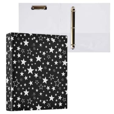 Imagem de Fichário de 3 anéis em preto e branco com padrão de estrela, fichário decorativo de 3,8 cm, com prancheta e 3 bolsos transparentes, comporta 200 folhas de papel tamanho A4, fichários à prova d'água