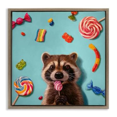 Imagem de Stupell Industries Guaxinim e Doces Balas Emolduradas Tela Flutuante Design de Parede por Lucia Heffernan, Moldura Flutuante Marrom, 45,7 x 45,7 cm