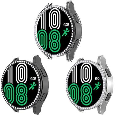 Imagem de Compatível com Samsung Galaxy Watch 4 40 mm 44 mm 2021 Diamond PC Plating Bumper Case Bling Crystal Shiny Glitter Frame Hard Protective Shell Cover para Galaxy Watch 4 2021 (44 mm, pacote com 3)