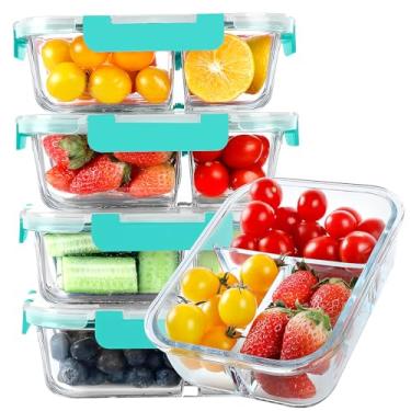 Imagem de Recipientes de vidro KOMUEE 5 unidades de 1 litro, com tampa 3 compartimentos, para preparar e armazenar alimentos, controlar porção, lancheira hermética, seguro para freezer e micro-ondas, verde