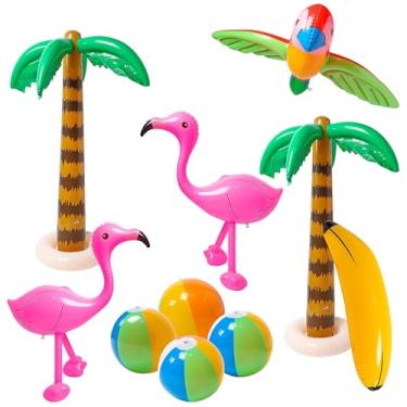 Imagem de R HORSE 10 peças infláveis de palmeira, flamingo, banana, bola de praia, papagaio, praia, piscina, brinquedos para festas tropicais havaianas, luau, verão, piscina, decorações