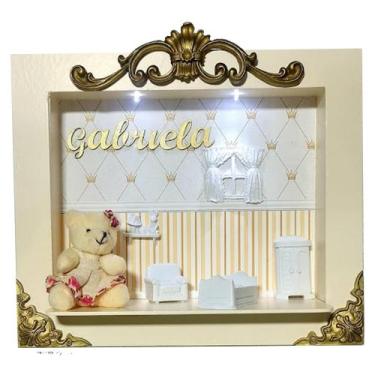 Imagem de Quadro Enfeite De Porta Maternidade Cenário Led - Creme Dourado ursinh