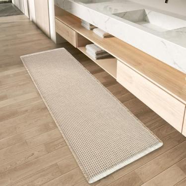 Imagem de Tapete de banheiro AMOAMI quadriculado, atualizado, superabsorvente, antiderrapante, lavável na máquina, passadeira com franjas, ideal para corredor, quarto, lavanderia, 43 x 152 cm, marrom e creme
