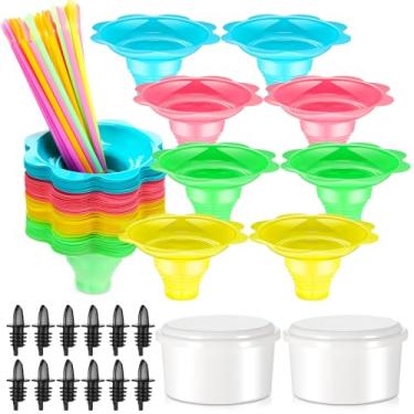 Imagem de Baderke 114 peças de copos coloridos de cone de neve de 118 ml, tigelas pequenas reutilizáveis com 50 canudos, 12 garrafas, 2 moldes de gelo de plástico com tampa para festa de verão e piquenique