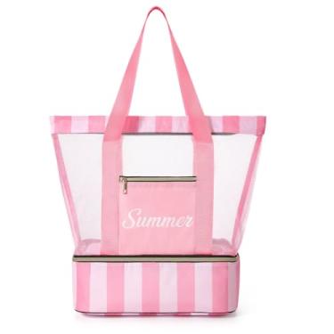 Imagem de Nimalpal Bolsas de praia para mulheres – Bolsa de praia grande de malha de separação seco/molhado, sacola para mulheres, academia de natação, rosa, Large