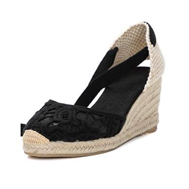 Imagem de U-lite Sandálias femininas tipo espadrille cunha, bico fechado, plataforma com cadarço, tira no tornozelo, slingback para o verão, Renda preta - 6,3 cm, 38