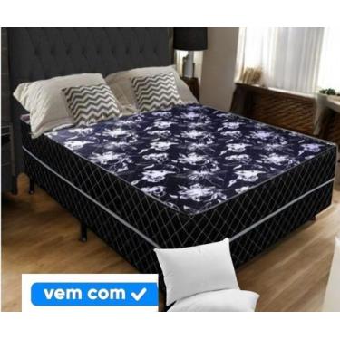 Imagem de Cama Box Casal Conjugada Ortopédica Preta 7cm + Dois travesseiros - RO