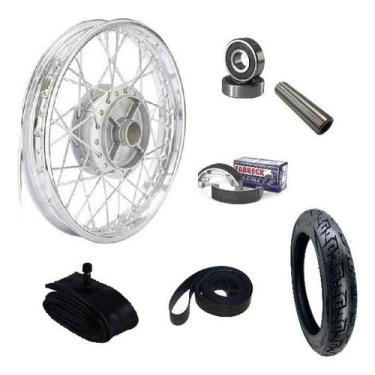 Imagem de Roda Traseira Completa Biz 100/125 4mm + Pneu/Camara/Cinta/Lona/Rolamentos/Espaçador