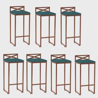 Imagem de Kit 07 Banqueta Alta Com Encosto Ema Balcão Bar Cozinha Bistrô Ferro Bronze Suede Azul Turquesa - Ahz Móveis
