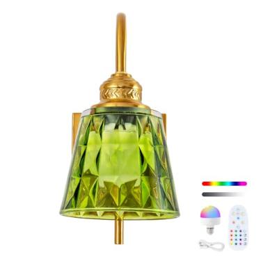 Imagem de Arandela de parede operada por bateria, luzes de parede sem fio recarregáveis douradas com lâmpadas destacáveis RGB de 12 cores, sombra de vidro verde para quarto, cabeceira, sala de estar (dourado +