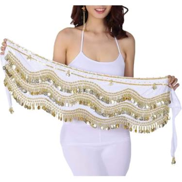 Imagem de Cachecol de dança do ventre, cinto tribal, acessório de fantasia cigana, cinto enrolado, saias penduradas na cintura, Branco (moedas douradas), Tamanho Único