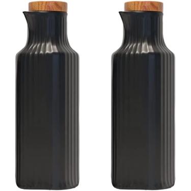 Imagem de Pacote com 2 conjuntos de óleo de cerâmica e vinagre de molho de soja dispensador de xarope de bordo frasco para cozinha 270 ml/9 oz (preto)
