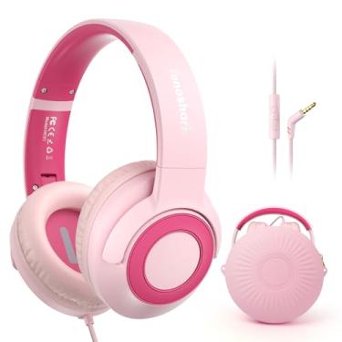Imagem de TONOSHARK Fones de ouvido infantis com fio com microfone, volume limitado a 85/94dB, fone de ouvido rosa para meninas, fone de ouvido dobrável de 3,5 mm para escola e viagens, inclui capa portátil
