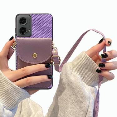 Imagem de Tuxiwei Capa para Moto G04 com suporte para cartão, capa carteira Motorola Moto G04 PU Learher padrão de fibra de carbono | Capa flip com compartimentos para cartão de crédito com alça e botões