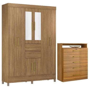Imagem de Kit Guarda Roupa Casal Com Espelho 8 Portas Munique Cômoda Triunfo Amêndola Touch
