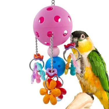 Imagem de GILYGI Brinquedos de bola de plástico para pássaros puxáveis com chupetas e flores de acrílico, brinquedos de papagaio coloridos para papagaios de médio e grande porte periquito monge periquito (rosa)