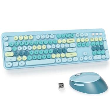 Imagem de GTSP teclado e mouse sem fio colorido para máquina de escrever, 2,4 GHz, teclado de computador de escritório com teclas redondas para desktop, laptop e PC (azul claro)