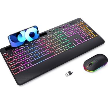 Imagem de Teclado e mouse sem fio retroiluminados, teclado recarregável sem atraso de 2,4 GHz, tamanho completo com suporte para telefone e tablet