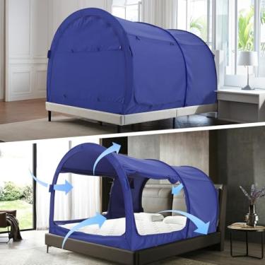 Imagem de Alvantor Barracas de dossel para cama, sonho, privacidade, espaço, tamanho duplo, tendas de dormir para ambientes internos, cortinas com moldura portátil, respirável, azul-marinho, casa de campo (Não