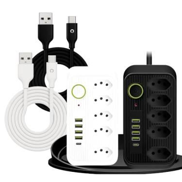 Imagem de Extensão Tomada Inteligente Premium – Alta Potência e Conectividade Completa. Com 5 tomadas, 4 interfaces USB, 1 porta USB Tipo-C + 2 cabos Tipo-C adicionais. (Branca)