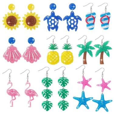 Imagem de Y1tvei Brincos de acrílico com glitter de verão – 9 pares de brincos de flamingo, folha de palmeira de coco, abacaxi, brincos de flamingo, estética, havaiano, pingentes, presentes para meninas e
