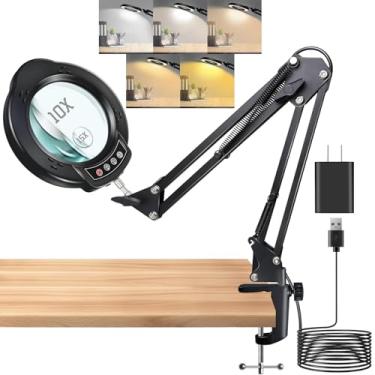 Imagem de ETGOLE Lupa de 15 x e 10 x com luz e grampo, lupa iluminada com suporte de vidro real, 3 modos de cores, lâmpada de mesa de LED regulável contínua, mãos livres, para artesanato, passatempo, leitura,