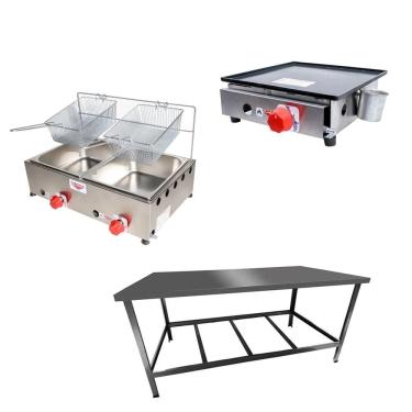 Imagem de Kit Lanchonete Mesa De Manipulação + Fritadeira A Gás 2 Cuba