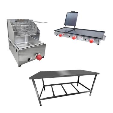 Imagem de Kit Lanchonete Mesa De Manipulação 120x55cm + Fritadeira A Gás 1 Cuba + Chapa A Gás 90cm Alcamar