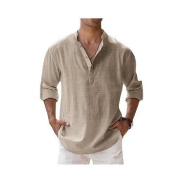 Imagem de Camisas Henley Masculinas Leves de Algodão e Linho - Estilo Casual par