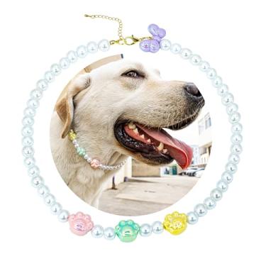 Imagem de SM4BED Colar de pérolas com coleira de cachorro, contas brancas com garras fofas e adorável laço, joia ajustável para cães grandes, 2GG 51 cm