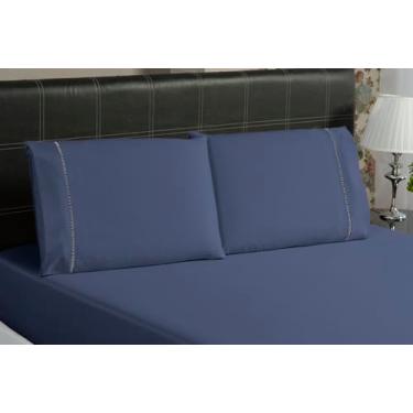 Imagem de Jogo de Lençol Casal 3 Peças 600 Fios Egípcio 100% Algodão – Fronhas com Ponto Palito e Toque Macio Premium (Azul Marinho)