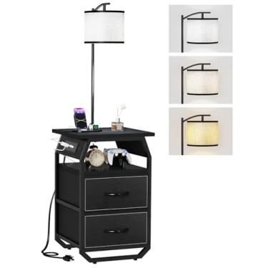 Imagem de runjuly Luminária de chão com mesa, mesas de canto com lâmpadas anexadas, lâmpada de temperatura de 3 cores, mesa lateral com lâmpada com 2 gavetas e carregamento, conjunto de lâmpadas para quarto